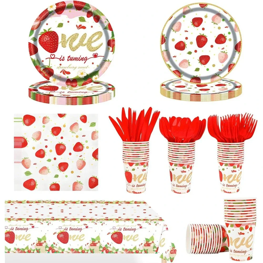 169 Piece Strawberry Sweet 1st Birthday‎ Party Supplies Dinnerware Set-Serves 24